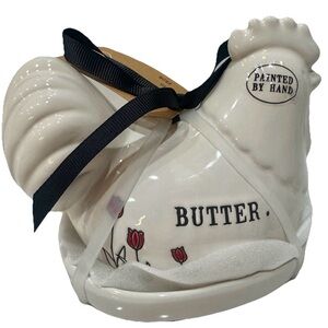 RAE DUNN FARMHOUSE STYLE CHICKEN BUTTER DISH “BUTTER” w/FLOWERS NEW